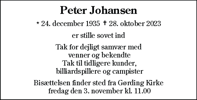 Dødsannonce for Peter Johansen