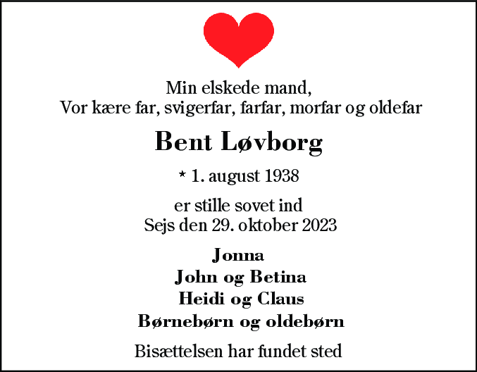 Dødsannonce for Bent Løvborg