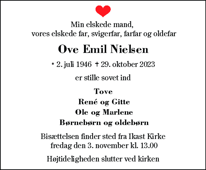 Dødsannonce for Ove Emil Nielsen