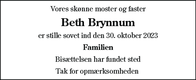 Dødsannonce for Beth Brynnum