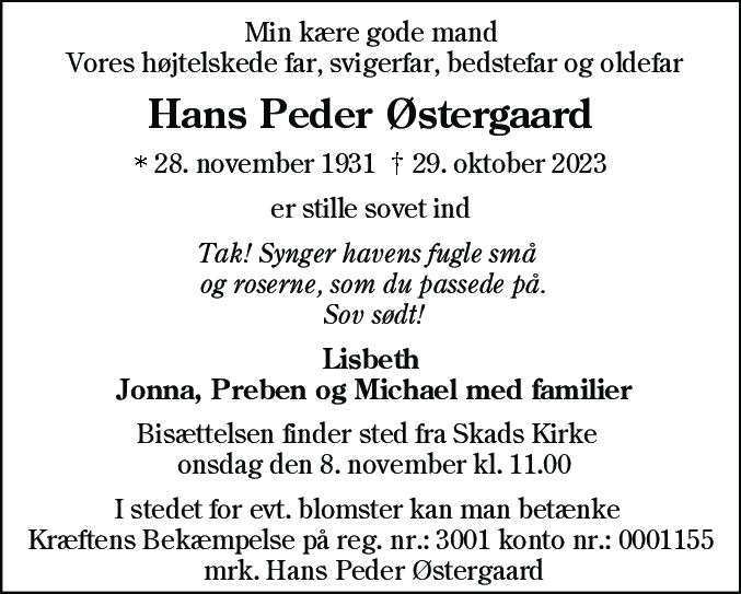 Dødsannonce for Hans Peder Østergaard
