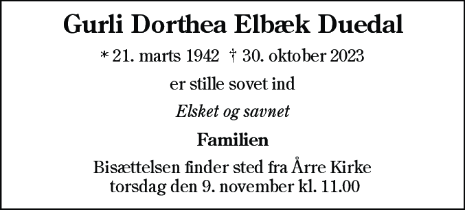 Dødsannonce for Gurli Dorthea Elbæk Duedal