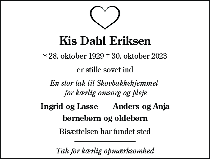Dødsannonce for Kirsten Dahl Eriksen