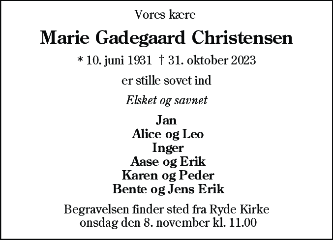 Dødsannonce for Marie Gadegaard Christensen