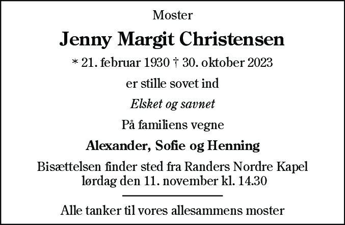 Dødsannonce for Jenny Margit Christensen