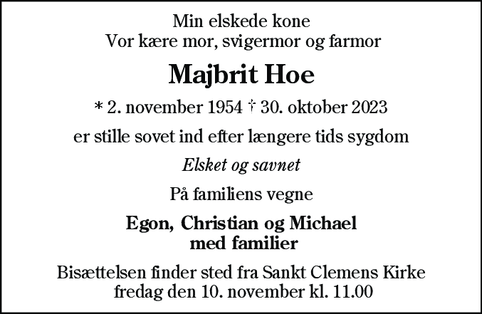 Dødsannonce for Majbrit Hoe