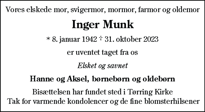 Dødsannonce for Inger Munk