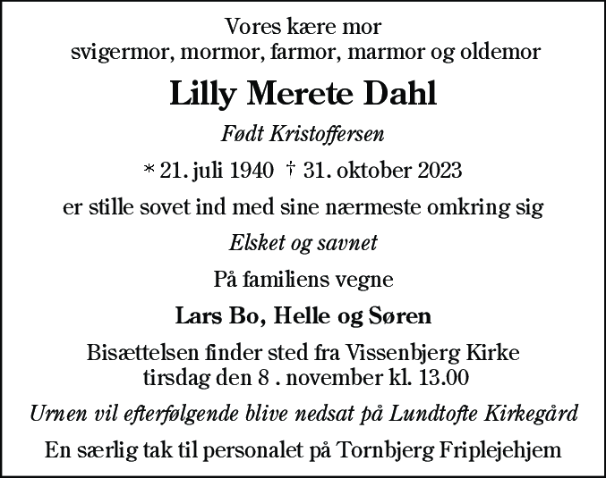 Dødsannonce for Lilly Merete Dahl