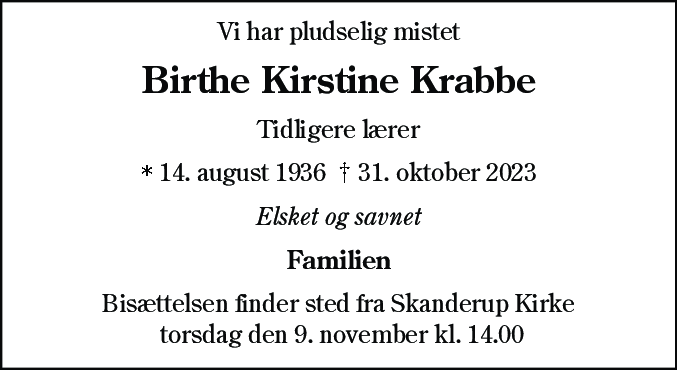 Dødsannonce for Birthe Kirstine Krabbe