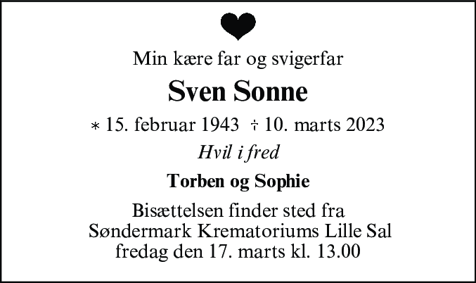 Dødsannonce for Sven Sonne
