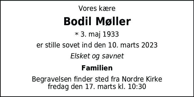Dødsannonce for Bodil Møller