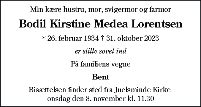 Dødsannonce for Bodil Kirstine Medea Lorentsen