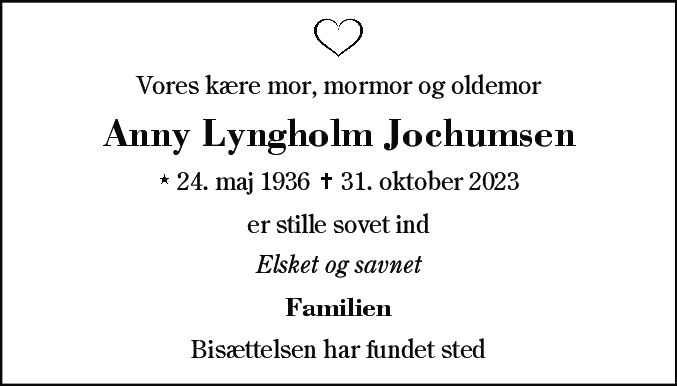 Dødsannonce for Anny Lyngholm Jochumsen