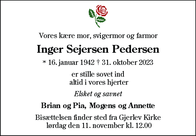 Dødsannonce for Inger Sejersen Pedersen
