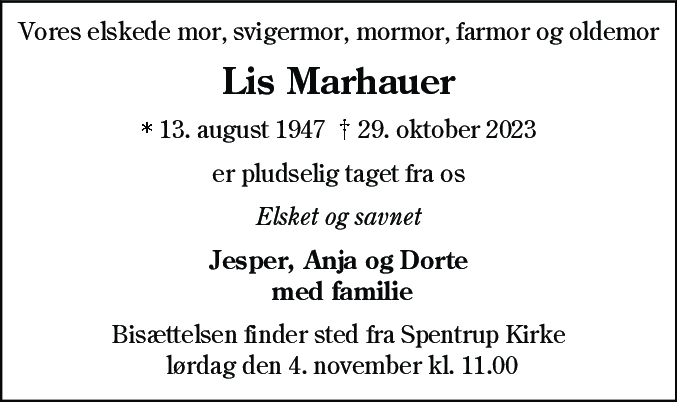 Dødsannonce for Lis Marhauer
