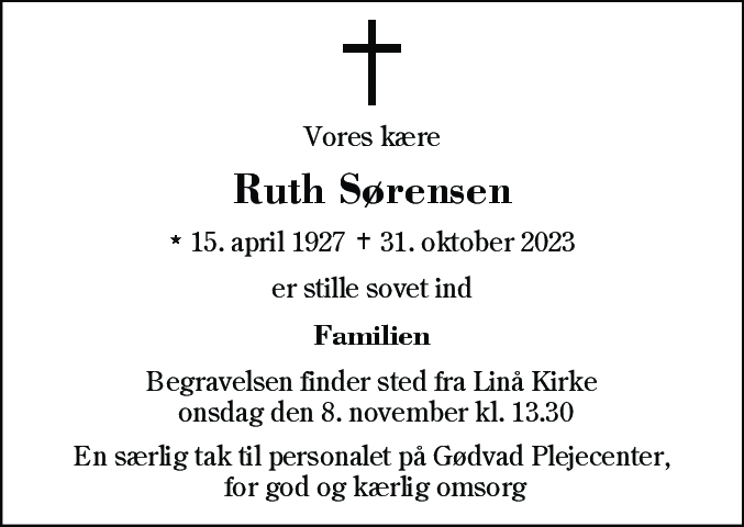 Dødsannonce for Gerda Ruth Sørensen