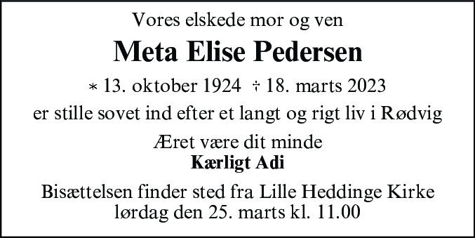Dødsannonce for Meta Elise Pedersen