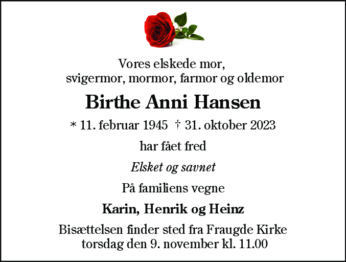 Dødsannonce for Birthe Anni Hansen