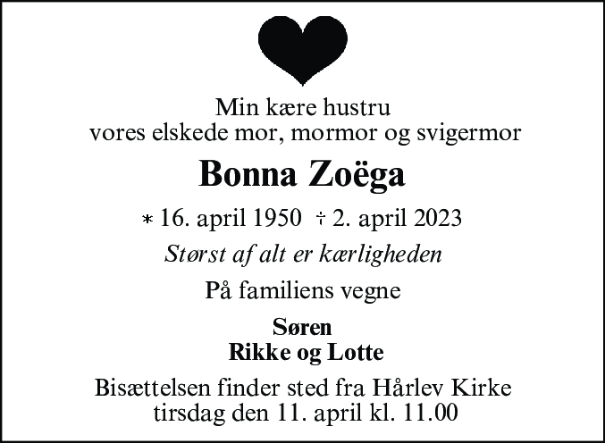 Dødsannonce for Bonna Zoëga