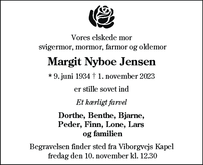 Dødsannonce for Margit Nyboe Jensen