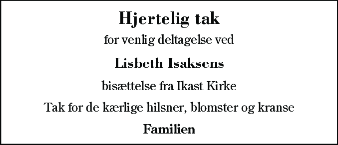 Dødsannonce for Lisbeth Isaksen