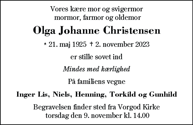 Dødsannonce for Olga Johanne Christensen