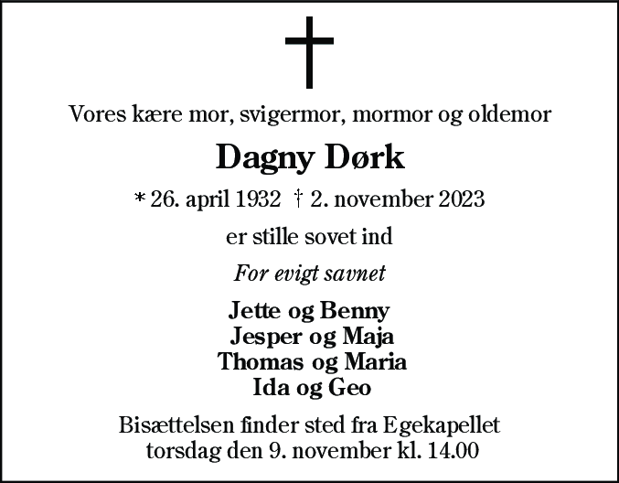 Dødsannonce for Dagny Dørk