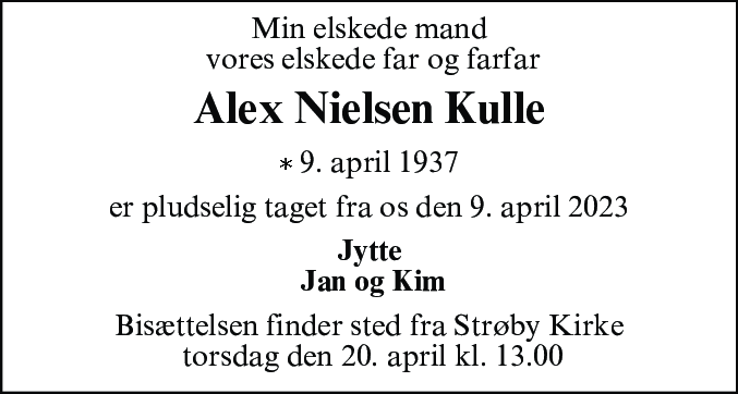 Dødsannonce for Alex Nielsen Kulle