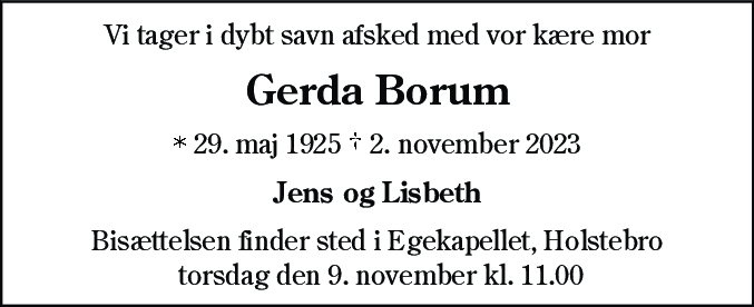 Dødsannonce for Gerda Borum