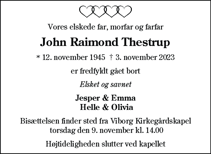 Dødsannonce for John Raimond Thestrup