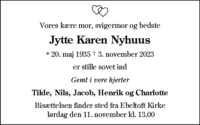 Dødsannonce for Jytte Karen Nyhuus