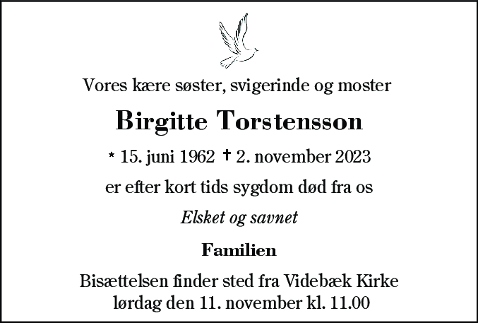 Dødsannonce for Birgitte Torstensson