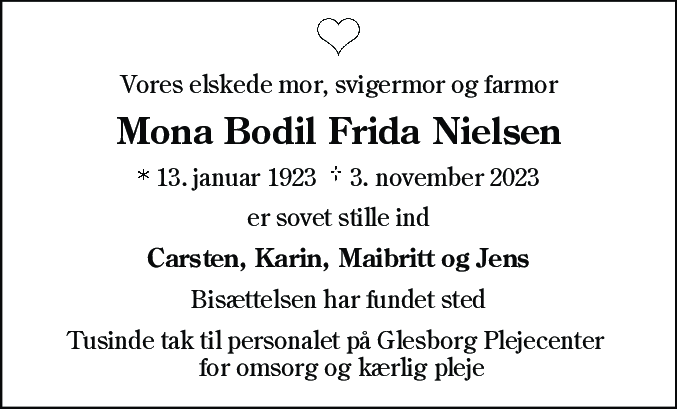 Dødsannonce for Mona Bodil Frida Nielsen