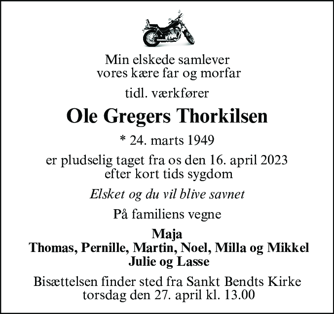 Dødsannonce for Ole Gregers Thorkilsen
