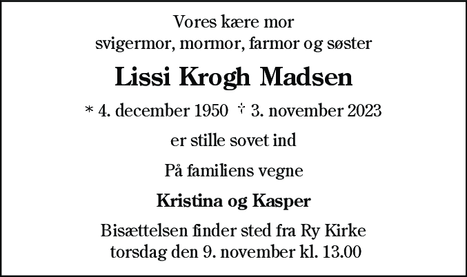 Dødsannonce for Lissi Krogh Madsen