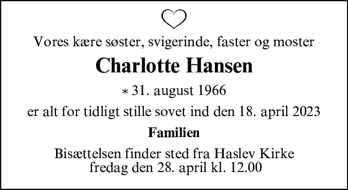 Dødsannonce for Jane Charlotte Hansen