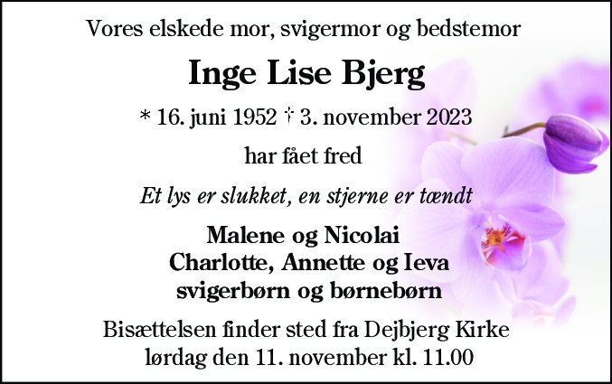 Dødsannonce for Inge Lise Bjerg