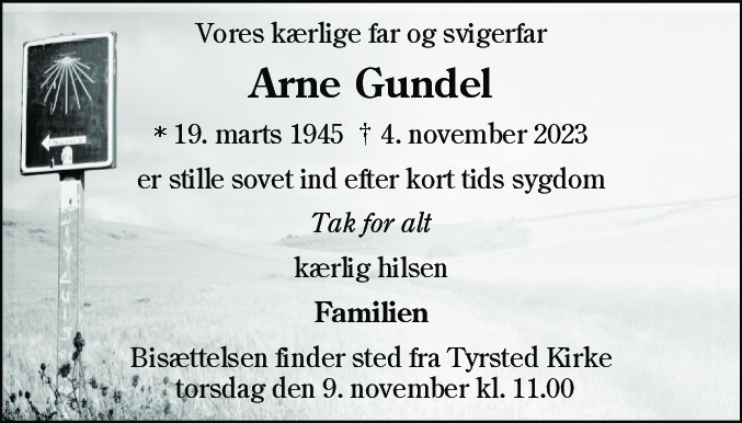 Dødsannonce for Arne Gundel