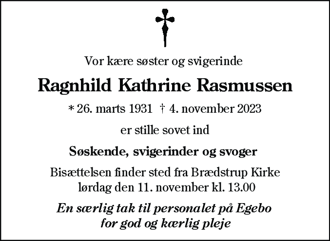 Dødsannonce for Ragnhild Kathrine Rasmussen