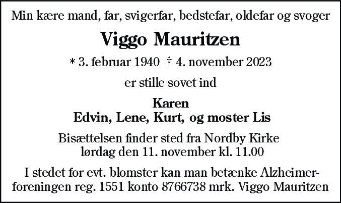 Dødsannonce for Viggo Mauritzen