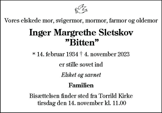 Dødsannonce for Inger Margrethe Sletskov Nielsen