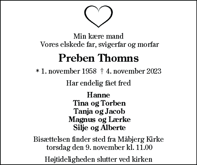 Dødsannonce for Preben Thomns