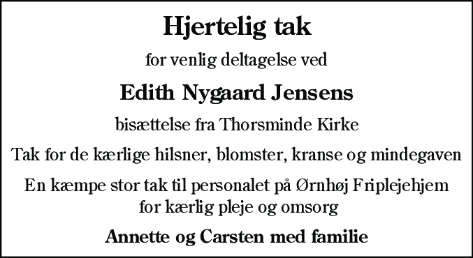 Dødsannonce for Edith Nygaard Jensen