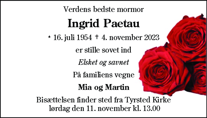 Dødsannonce for Ingrid Paetau