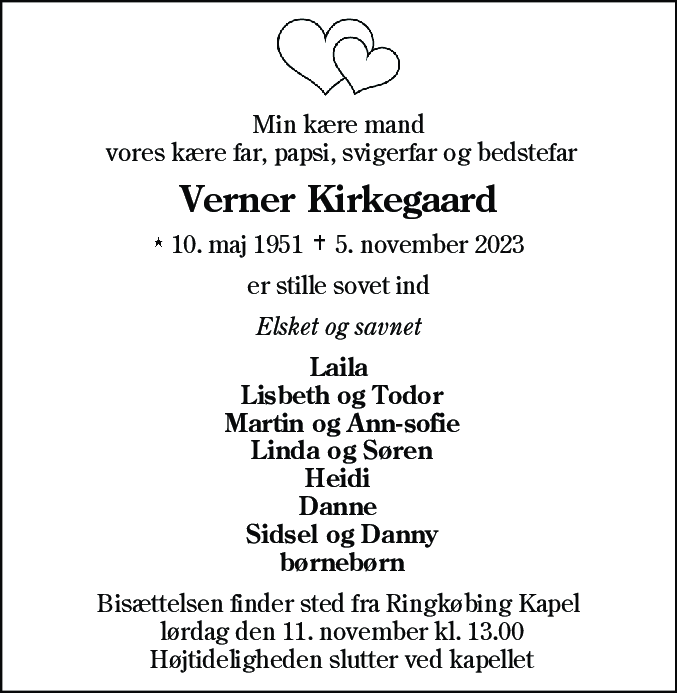 Dødsannonce for Verner Kirkegaard