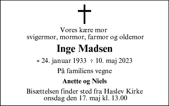 Dødsannonce for Inge Madsen