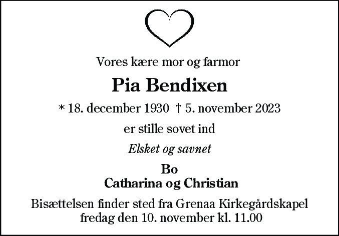 Dødsannonce for Birgit Joan Bendixen