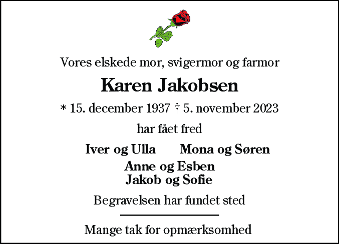 Dødsannonce for Karen Jakobsen
