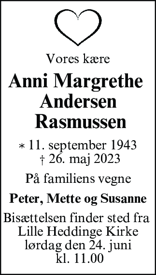 Dødsannonce for Anni Margrethe Andersen Rasmussen