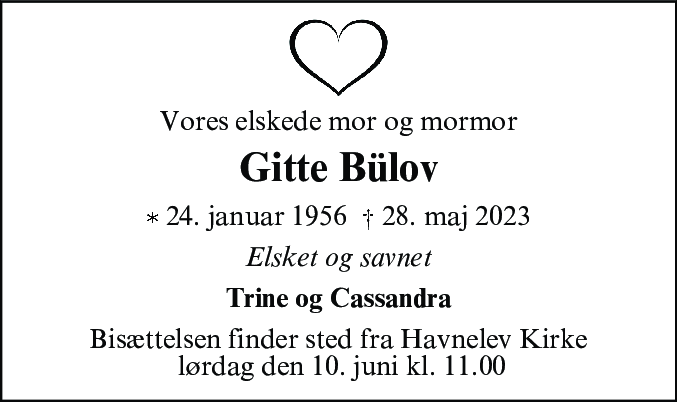 Dødsannonce for Gitte Bülov